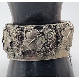 Victorian Revival Wide Hinged Bangle Bracelet Silver Tone Acanthus & Grape Leaf